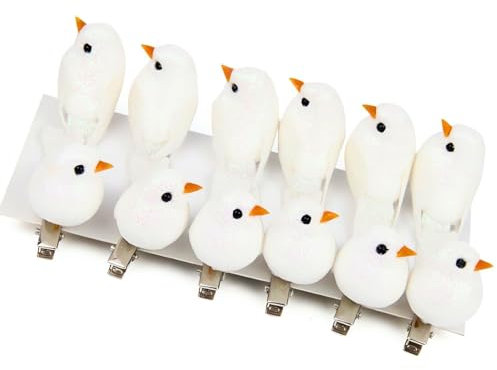 Vorkhuaeri Xmas Artificial Robin Clip On Glitter Bird, Christmas Tree Decor Ornament, Mini Birds Crafts Decor Sets for Home Garden Party Gift (White)