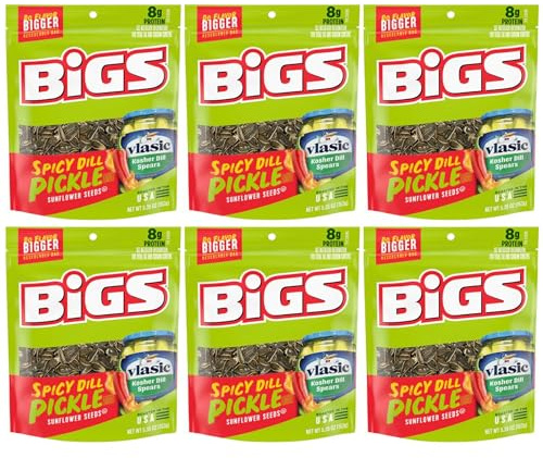 BIGS Vlasic Spicy Dill Pickle Flavored Sunflower Seeds (Pack of 6) 5.35 Oz - In Snack Mass Packaging