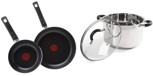 Tefal Taste Twin Pack, Aluminium Frying Pans, Pan Set, Pans 20 cm and 28 cm Diameter, Non-Stick, Black, Pack of 2, B189S244 & Tower T80837 Casserole Dish, 24cm- Stainless Steel, Silver