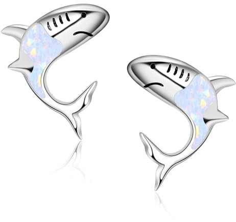 TANGPOET Hai Haifisch Ohrringe für Damen Mädchen Kinder Silber 925 Weiße Opal Ohrstecker Niedlicher Hai Strandschmuck Geschenke für Liebhaber von Meerestieren