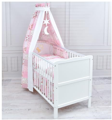 Generisch Baby Delux Babybett Komplett Set 9-TLG Kinderbett umbaubar zum Juniorbett 70x140 Matratze Jack Bettset Vollstoffhimmel (Mond Patchwork rosa)