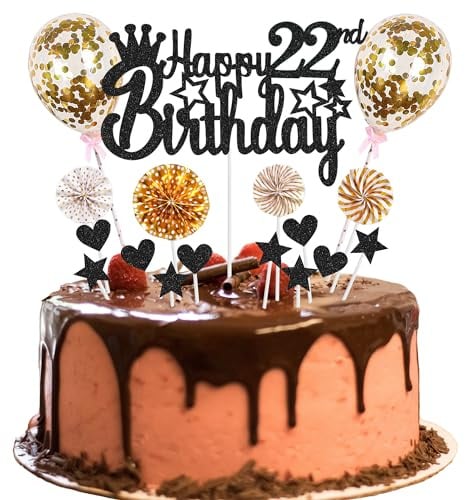 Tortendeko 22. Geburtstag - Happy 22th Birthday Deko für Mann und Frau - Kuchendeko Schwarz Golden - Hello 22 Glitter Cake Topper