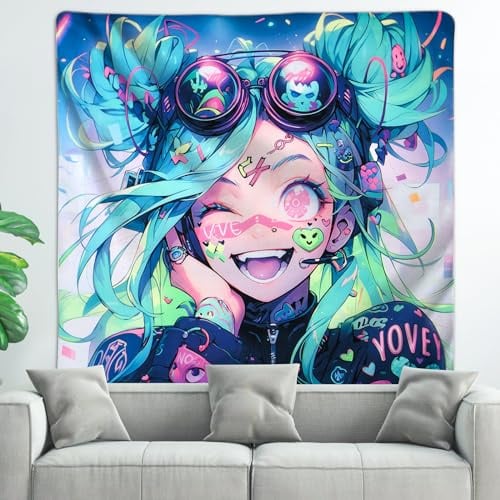 HOUHUANG Fluoreszierender Anime-Wandteppich, 150 x 150 cm, großer Wandbehang für Raumdekoration, leuchtet im Dunkeln, Trippy-Boho-Stil mit Schwarzlicht-Effekten, perfekt für Schlafzimmer und