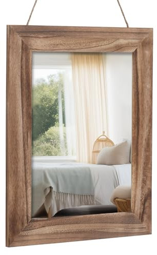 Muzilife Spiegel groß Wandspiegel aus Massivholz, Rechteckiger Spiegel 40 x 50 cm mit Holzrahmen für Schlafzimmer Bad Wohnzimmer Flur, mit Leinenseil, Braun