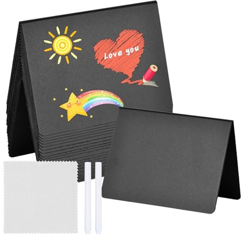 20 Pcs Kreidetafel, 10x7,5cm, Mini Schiefertafel zum Beschriften mit 2 Stifte Abwischbare, 1 Putztuch, Buffet Schilder Plastik Preisschilder Aufsteller, Doppelseitige Kleine Tafel Menü Café Party (A)