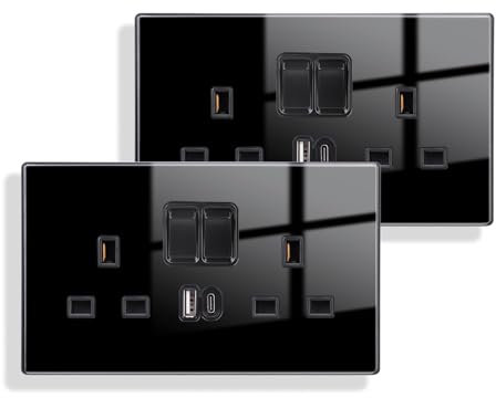 JIMEIDA 2 Pack Double Switched Socket Black 20W Fast Charging with USB A and USB C Charging Ports Crystal Glass Panel Wall Outlet 13 Amp