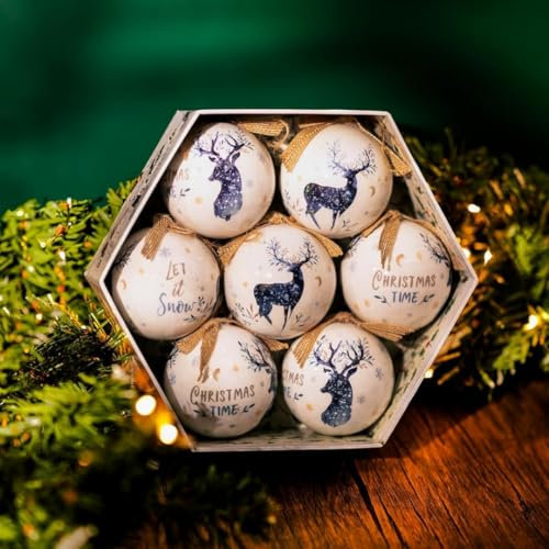 Marco Paul Set of 7 Christmas Tree Baubles Vintage Tree Decoration Hanging Festive Décor Traditional Hand Painted Novelty Ornament Indoor Xmas Baubles Shatterproof Safe for Kids Pets (Stag)