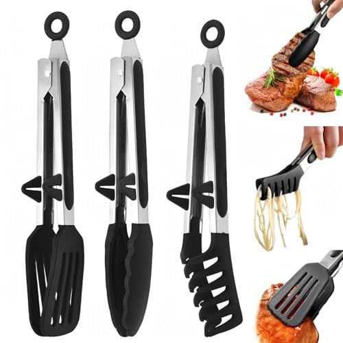MHwan Pince Cuisine, 3 Pièces 27 cm Pince Cuisine Inox en Acier Inoxydable avec Support, Silicone Alimentaire Sans BPA Avec Pince de Cuisine Anti-Brûlure et Antidérapante, Lavable en Machine