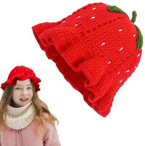 shjxi Sombrero de ganchillo de fresa, sombrero floral hecho a mano, sombreros de punto holgados, sombrero único, sombrero de punto floral holgado perfecto para fiestas de baile, celebraciones de