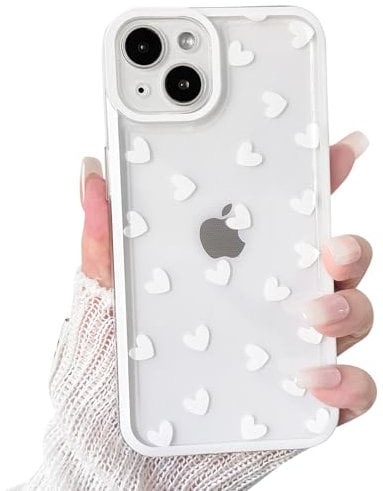 NITITOP Compatible with iPhone 14 Case Cute Clear White Durable Love Heart Pattern for Girls Women Soft TPU Transparent Colourful Frame Full Camera Lens Shockproof Protective Cover - White