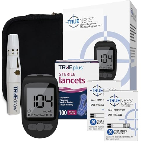 TRUENESS Blood Glucose Meter Bundle - Blood Glucose Monitor, Case, 100 Test Strips, 100 Lancets, Lancing Device - Fast, Easy Testing Supplies for Home Use