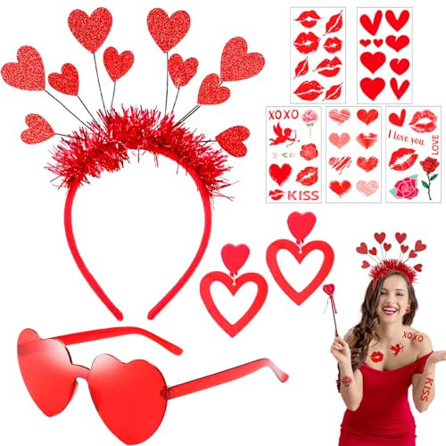 8 Stück Rot Herz Haarreif Set, Amor kostüm mit Glitzer Herzen Stirnband Herz Randlose Sonnenbrille Herzförmige Ohrringe Gesicht Sticker für Damen Valentinstag Hochzeit Karneval Geburtstag Party