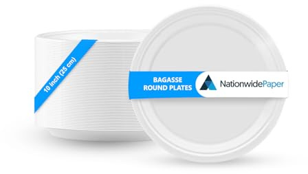 Nationwide Paper Strong Round White Paper Plates (10 Inch) 100% Compostable Heavy-Duty Eco-Friendly Disposable Bagasse Plates, Made of Natural Sugarcane Fibers - Pack of 500