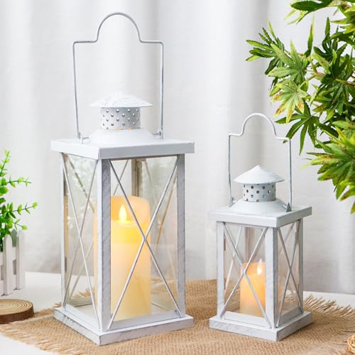 TRIROCKS 40 & 27 cm H Dekorative Kerzenlaternen 2er-Set Hängelaterne Vintage-Kerzenhalter Aus Metall Mit Gehärtetem Glas für Indoor Outdoor Haus Partys Garten Hochzeit (Weiß Mit Silberner Bürste)