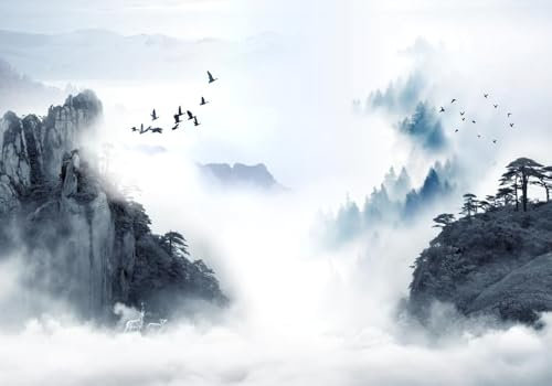 gdkldfg Papier Peint Panoramique 350x250cm Forêt Montagnes Brume Oiseaux Paysage naturel Poster Mural Tapisserie Murales Soie Intissé Decoration Murale Chambre