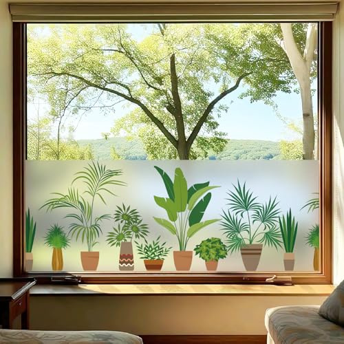 dktie Statisch haftende Fensterfolie, Mattiert Sichtschutzfolie mit Buntem Topfpflanzen-Muster, Anti-UV Blendfreier Sonnenschutz Folie, Fensteraufkleber für Wohnzimmer Küche Büro 90x200cm