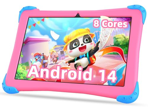 Fivahiva Kids Tablet 10 inch Android 14 with Case for Kid 3-12, Octa-core, 64GB (512GB Expansion), WiFi 6, Parental Controls, Google Kids Space, Great Gift for Toddler（Pink）