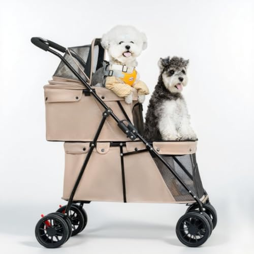 Faltbarer Hundewagen 2 Etagen, Haustiere Buggy Kann 24 kg Tragen, Hundebuggy mit Netzfenstern Sicherheitsgurt 4 Räder, Faltbar klappbar Katzenbuggy für 2 Kleine Hunde Katzen (Braun)