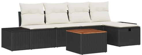 vidaXL Garten-Sofa-Set mit Kissen 6 pcs Schwarz Poly Rattan, Garten und Terrasse, modernes Sitzset für draußen, modulare Möbel, Bequeme Lounge mit verstellbaren Füßen
