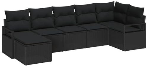 vidaXL Garten-Sofa-Set 7 pcs Schwarz Poly Rattan, Garten Sofa Set, modulares rechteckiges Design, verstellbare Füße, wetterfestes Rattan, modernes Lounge-Möbel