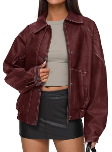 PRETTYGARDEN Faux Leather Jacket Women Bomber Motorcycle Zip Up Jackets Oversized Fall Fashion Outfits 2026 Winter Coats (Wine Red,Large)