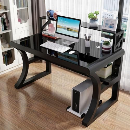 Bureau d'ordinateur en verre trempé, grand bureau avec étagères de rangement, table de jeu simple et moderne avec cadre en métal, bureau d'écriture pour poste de travail à domicile (120 cm/47 pouces,