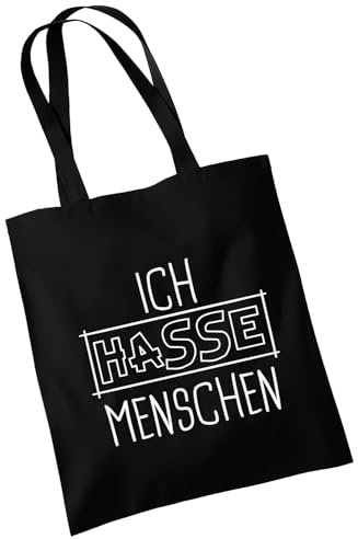 OM3 witzige Baumwolltasche mit frechem Spruch - Ich hasse Menschen - Statement - Baumwollbeutel - Tasche - Lange Henkel - Schwarz