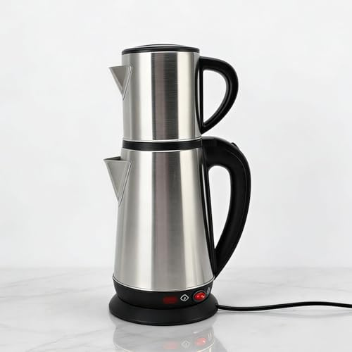 Cuifati Türkische Teekanne, 1L und 2L Edelstahl Türkischer Teeherstellungsmaschine mit Abnehmbarem Infuser, Elektrischer Doppelkessel -Teekanne mit 12 Tassen Kapazität, 1800W (EU-Stecker 220V)