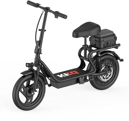 KEQ Electric Scooter Adults with Seat, 48V 22.5AH Foldable Escooter 14 Tires 500W Motor 22MPH 35Miles Long Range and Disc Brake 350lbs Max Load Dual Shock Suspension Wide Deck Rear Box