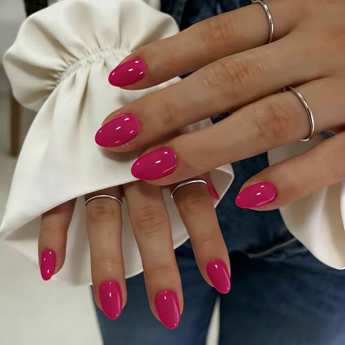 KQueenest Press On Nails Short - Hot Pink False Nails Oval, 32 Pcs 16 Sizes Natural Short Fake Nails Press ons Almond, Reusable Glossy Vibrant Gel Stick on Artificial Nail for Summer Wear, Fushia