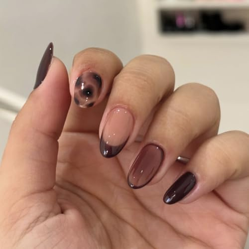 OuryTech Ongles Pressés Amande, 24 Pièces Ongles Artificiels à Coller et Faux Ongles, Courte Amande Pressée avec French Tip, Design Léopard Brillant Marron pour Femmes (Type A)