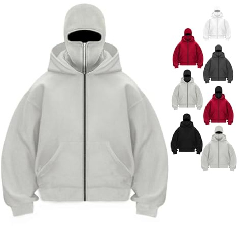 Generisch Balaclava Hoodie with Face Mask, Winter Double Hooded Sweatshirt Mask Ninja Hoodie Built in Zipper for Men Women (Light Gray,S)
