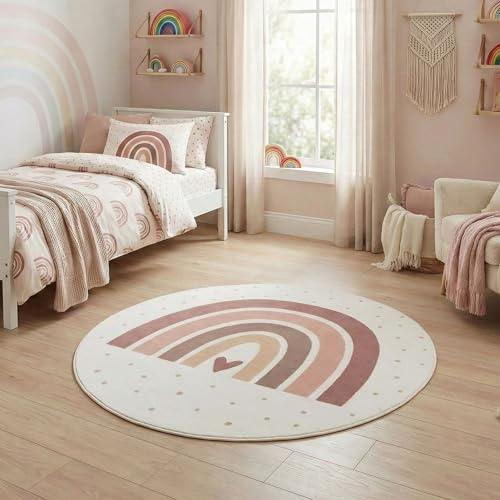 Carpetsale24 Kinderteppich Regenbogen Spielteppich rund 160 cm für Kinderzimmer in Creme mit Herz Motiv ideal als Spielunterlage