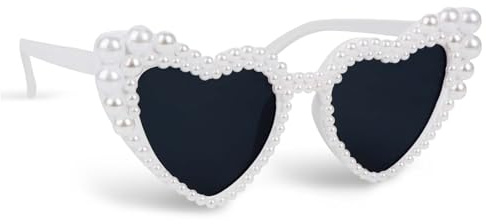 COMOOKA Herz Sonnenbrille Weiß - Vintage Sonnenbrille Herzform mit Weißen-Perlen-Design - Cateye Sonnenbrille Braut - Herzbrille Partybrille für Hochzeit, JGA, Geburtstag, Karneval uvm.