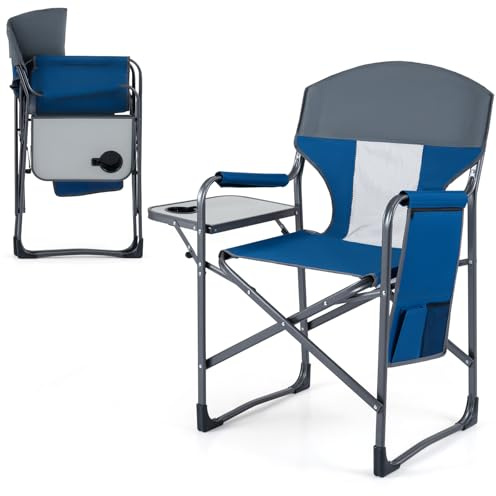 COSTWAY Regiestuhl klappbar, Campingstuhl mit Seitentisch, Seitentasche & Getränkehalter, Angelstuhl bis 180 kg belastbar, tragbarer Klappstuhl für Camping, Picknick & Festival (Blau + Grau)