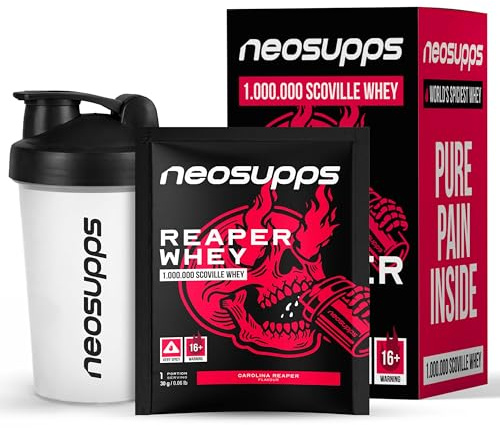 NEOSUPPS REAPER WHEY BOX, Protein Shake Challenge mit Carolina Reaper Whey 1.000.000 SCOVILLE, 20g Eiweiß, extrem scharfes Eiweiß Pulver Set mit Shaker, Shots und Challenge Inhalt für Training