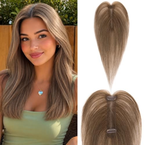 Elailite Haarteil Echthaar Topper Frauen Clip in Haartopper Echthaar Extensions Pony Toppers Remy Human Hair 25cm - #4 Mittelbraun Curtain Bangs