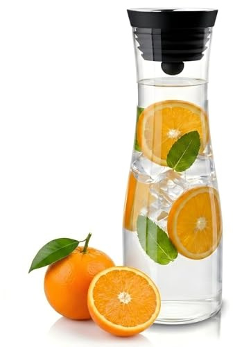 Jarra de Agua de Vidrio con Tapa 1,2L - Jarra Cristal de Borosilicato Alto | con Tapa de Acero Inoxidable y Vertedor, Apta para lavavajillas, para Jugo Caliente Frío, Té, Café o Agua Tibia