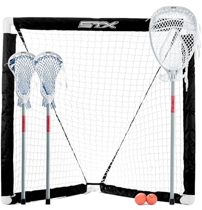 STX FiddleSTX Three Player Game Set with Two Field Player Sticks One Goalie Stick Mini Goal and Balls , White/Grey
