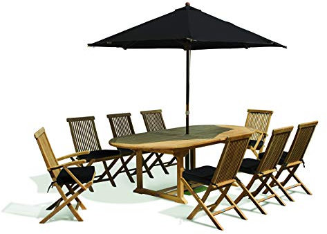 Jati Outdoor Dining Set with Oval Extending Teak Table, 8 Folding Chairs with Black Cushions, Parasol and Base Brand, Quality & Value