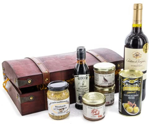 Bull & Bear Geschenkkorb Schatzkiste 36x24x12cm Feinschmecker Geschenkset mit Rotwein, gefüllten Oliven, Balsamico, körniger Senf und Fleisch Terrinen