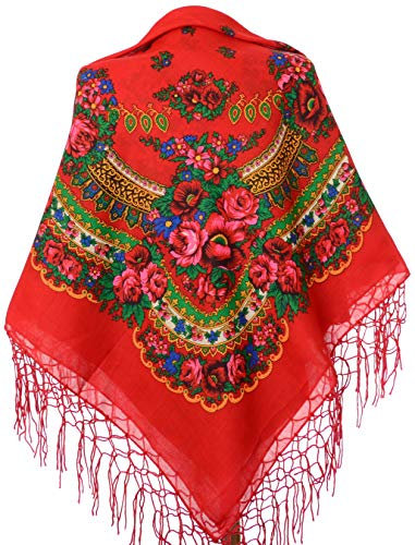 Halstuch mit traditionellem ukrainischem/polnischem/russischem Blumenmuster und Fransen - Rot -