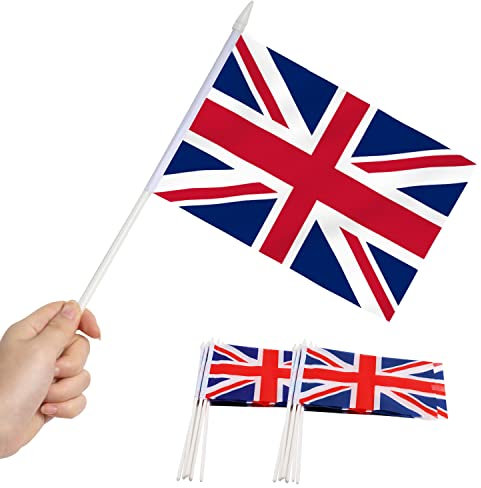 Bandera británica Union Jack Stick, ANLEY Gran Bretaña Mini bandera portátil de 5 x 8 pulgadas (12 x 20 cm) con poste sólido blanco de 12 (30 cm) - Color vivo y resistente a la decoloración