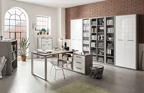 Composad | Bureau Complet de la Ligne de Dessin, Ensemble de 8 Meubles, Bureau, bibliothèque, Commode, vitrine, Bureau d'angle, mobilier de Bureau, Couleur Ciment et Blanc laqué, fabriqué en Italie