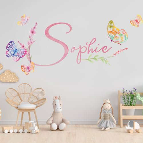 tjapalo® vr37 Tür Aufkleber Wunschname Mädchen Wandtattoo Namen Kindernamen Wandtattoo Kinderzimmer Mädchen Aquarell Wandsticker Mädchenzimmer Name mit Schmetterlingen, Größe: B80xH36cm