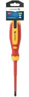 HÖGERT TECHNIK VDE Schraubendreher SLIM, 1000V isoliert, Kreuz- & Schlitzklinge PZ2/SL6, 100 mm, magnetische Spitze, rutschfester Griff, EN 60900 geprüft