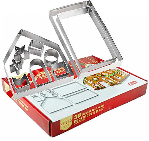 Ausstechformen Weihnachten Lebkuchenhaus, Lebkuchenhaus Ausstecher Set, 3D Lebkuchenhaus Haus Form, Weihnachten Lebkuchenhaus Ausstechformen Set aus Edelstahl (Set 10 Stück)