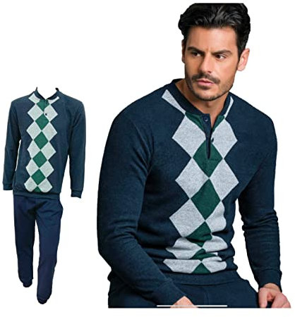 Enrico Coveri Pigiama Uomo Invernale, Pigiama Uomo in Caldo Jacquard, Pigiama Uomo Felpato, Caldo e Confortevole, Pigiama Uomo Invernale (M, 2074 Blu)