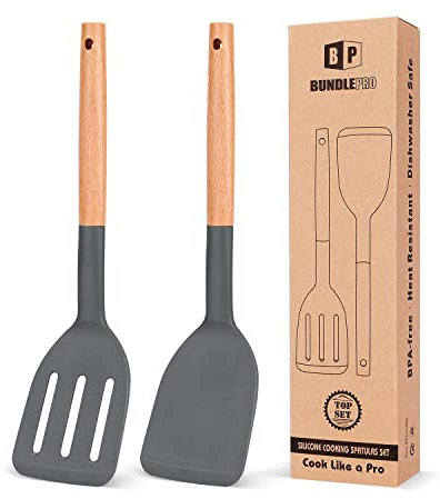Pack of 2 Silicone Cooking Spatula, Heat Resistant Solid Turner, Non Stick Slotted Spatulas with Wooden Handle,Ideal Wood Kitchen Utensils Set for Frying, Baking, Flipping, Turning (Gray)