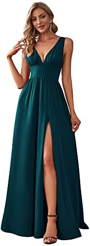 Ever-Pretty Robe pour Mariage Invité Longue Fendue Femme Col V Mousseline de Soie sans Manche A Line Chic Bleu Sarcelle 52